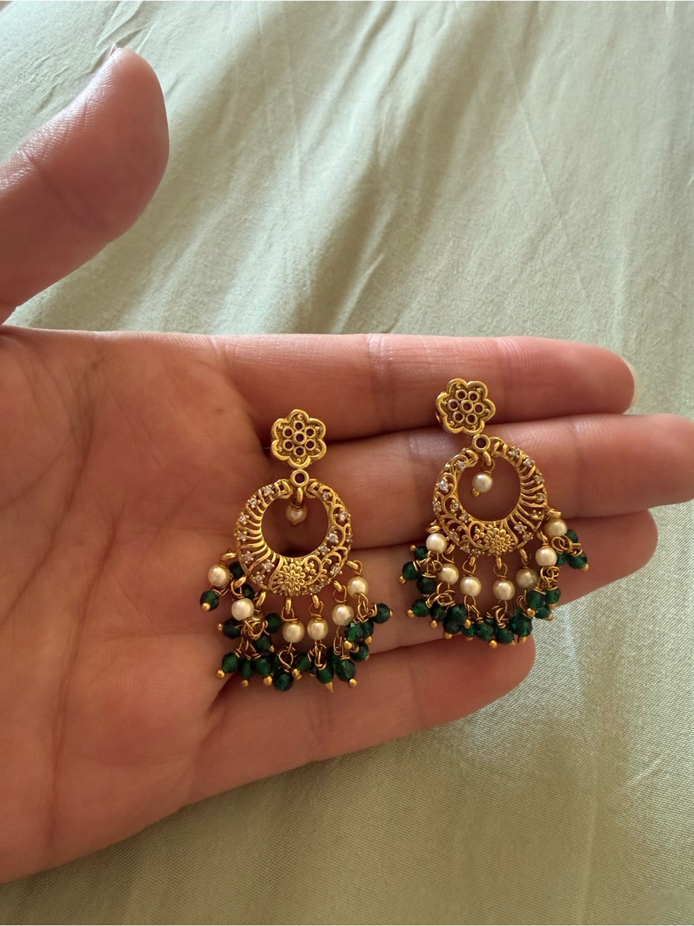 Gold-Tone Floral Chandbali Earrings with Green and Pearl Beads